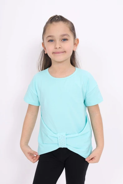 Toontoy Kız Çocuk Bisiklet Yaka Kısa Kollu Drapeli Taşlı Tişört ürün görseli 1