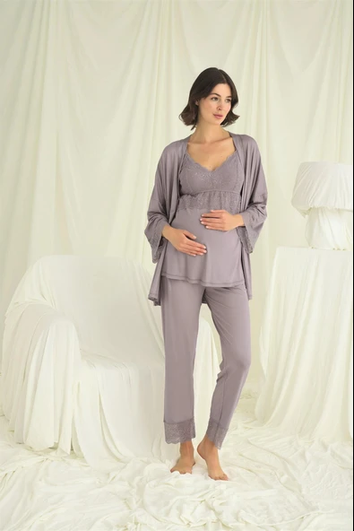 HERŞEYTREND  Dantelli Hamile Lohusa 3lü Pijama Takımı ürün görseli 1