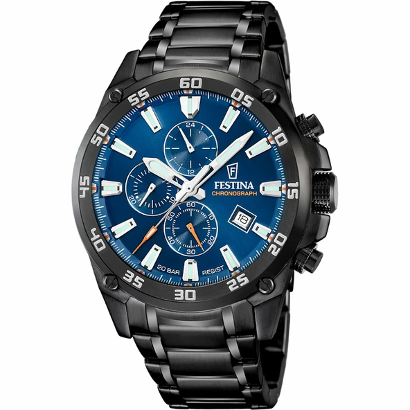 Festina F20735/1 Timeless Chronograph Quartz Çelik Siyah Mavi Kadran 20 ATM 47 mm Erkek Kol Saati ürün görseli 1