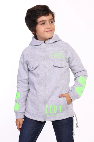 Toontoy Erkek Çocuk Kapüşonlu Fermuarlı Cepli Düşük Omuz Baskılı Reglan Kol Örme Hırka - Beli Ayarlanabilir Bağcıklı 3 İplik Şardonlu ürün görseli 1