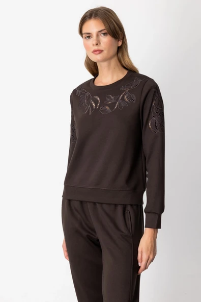 On Fashion Kolları Ve Yakası Pencere Detaylı Kahverengi Sweatshirt 66322 ürün görseli 1