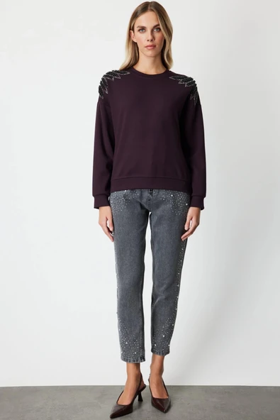 On Fashion Kadın Omuzları İncili Sıfır Yaka Bordo Sweatshirt 66338 ürün görseli 1