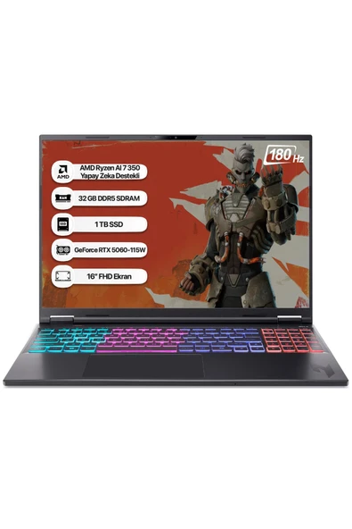 Acer Nitro 16S NH.QXJEY.002 R7 AI-350 32GB 1TB RTX5060-8GB 16'' FHD 180Hz DOS ürün görseli 1
