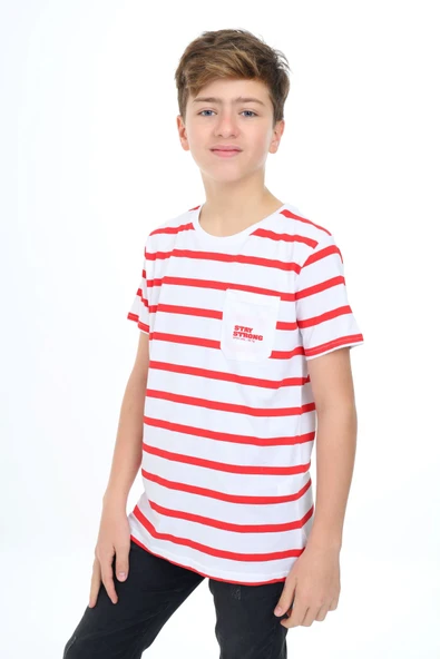 Toontoy Erkek Çocuk Baskılı Bisiklet Yaka Kısa Kollu Çizgili Tişört - Tek Cepli ürün görseli 1