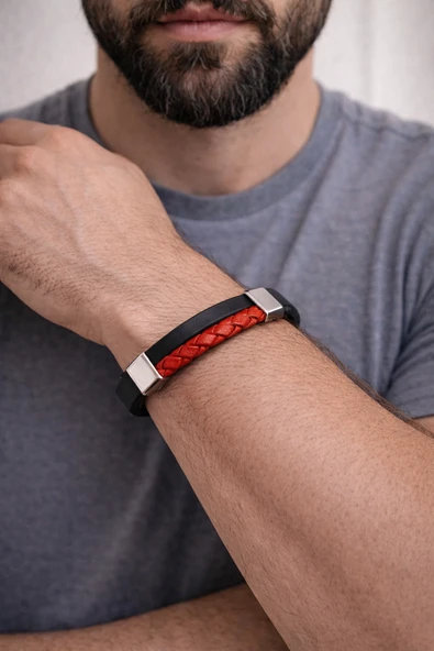 Crimson Edge Hakiki Deri Erkek Bileklik – Kırmızı Örgü Detaylı Çelik Kilit-50-548 ürün görseli 1