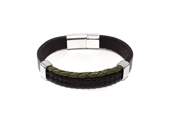 Olive Shadow Hakiki Deri Erkek Bileklik – Haki Örgü Detaylı Çelik Kilit-50-547 ürün görseli 1