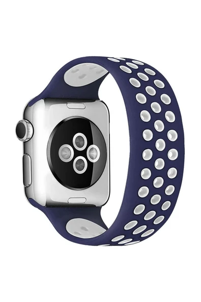 Apple Watch 42mm Ayarlı Delikli Silikon Kordon - Lacivert-Beyaz ürün görseli 1