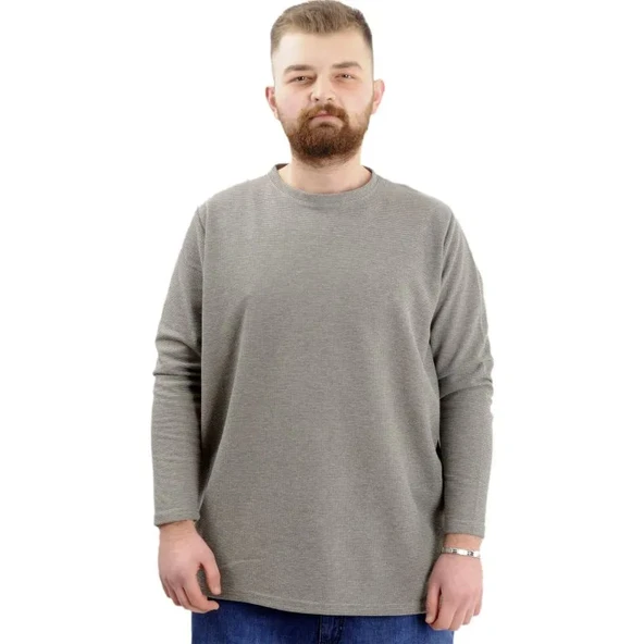Büyük Beden Erkek Sweatshirt Bisiklet Yaka Uzun Kol WAFFLE 23460 Haki ürün görseli 1
