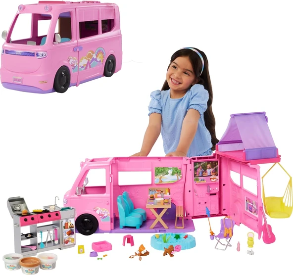 Barbie'Nin Rüya Karavanı Oyun Seti, Tavan Çadırı, Salıncağı, Balık Tutulan Göleti, Renk Değişimi Öze ürün görseli 1