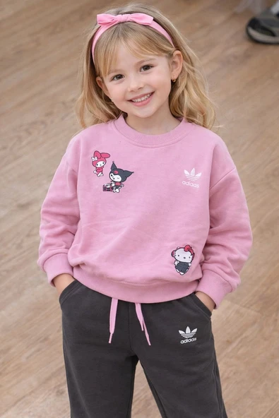 Cg Kids Kuromi Hello Kitty Kız Çocuk 2 iplik Alt Üst Takım Süper Kalite Kumaş Eşofman Baskı Detay ürün görseli 1