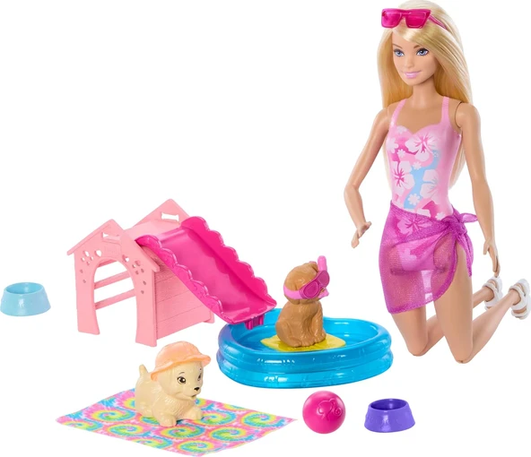 Barbie Köpekçikle Havuz Partisi Oyun Seti, Kaydıraklı Köpek Kulübesi, Kalp Şeklinde Havuz, 2 Köpek F ürün görseli 1