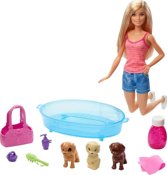 Barbie Bebek Ve Aksesuarları - 3 Yavru Köpekli Oyun Seti, Hayvancıklar İçin Küvet Ve Aksesuarlar Gdj ürün görseli 1