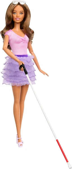 Barbie Fashionistas Oyuncak Bebek, Pembe Üstlü, Kör Barbie Bebek, Fırfırlı Etek, Kör Çubuk Ve Güneş ürün görseli 1
