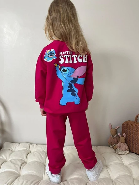 Cg Kids Stitch Temalı Sırt Baskı Detay Kız Çocuk 2 iplik Alt Üst Sweatshirt Eşofman Takım ürün görseli 1