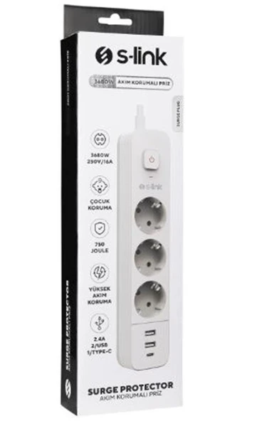 S-link SPG03TC 5V2.4A 1.5m 3x1.00mm 100 yüzde  Bakır 750 Joule 3 lü Anahtarlı Akım Korumalı Beyaz Priz ürün görseli 1