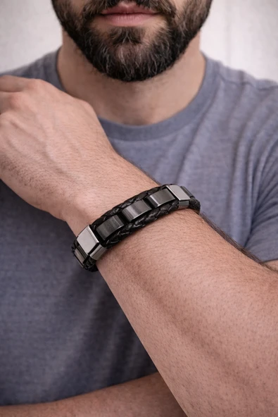 Steel Block Hakiki Deri Erkek Bileklik – Çelik Detaylı Modern Tasarım-50-544 ürün görseli 1