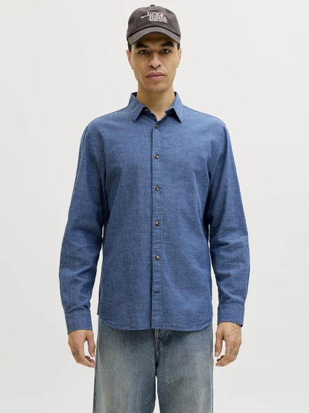 JJESUMMER LINEN BLEND SHIRT L/S SN Navy Blazer Navy Blazer L ürün görseli 1