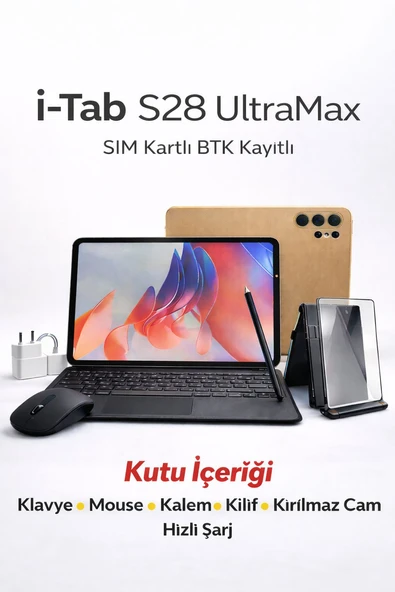 İ-Tab S28 UltraMax SIM Kartlı BTK Kayıtlı Klavye Mouse Kalem Kılıf Kırılmaz Cam Hızlı Şarj Hediyeli ürün görseli 1