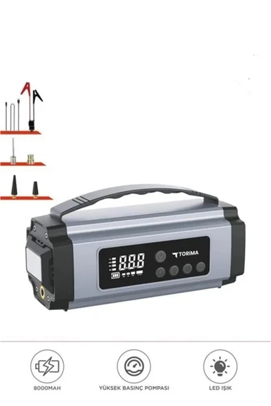 Taşnabilir Dijital Ekranlı Araç Akü Takviyeli Işıklı Oto Marş Hava Kompresörü 8000 mah ürün görseli 1