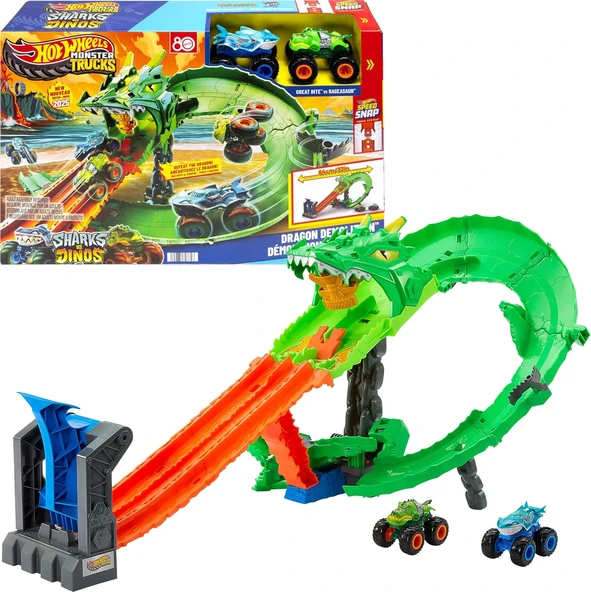 Hot Wheels Monster Trucks Köpek Balığı Ve Dinozor Korkunç Ejderhaya Karşı Oyun Seti, Sayborg Düşmanı ürün görseli 1