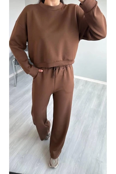 Geniş Paça Kahverengi Eşofman Alt - Üst Kadın Takım ürün görseli 1
