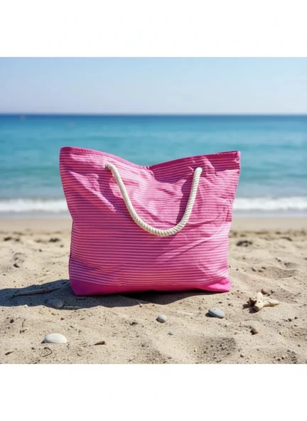 Plaj Çantası Pembe 45cm Makyaj Çantası Hediyeli ürün görseli 1