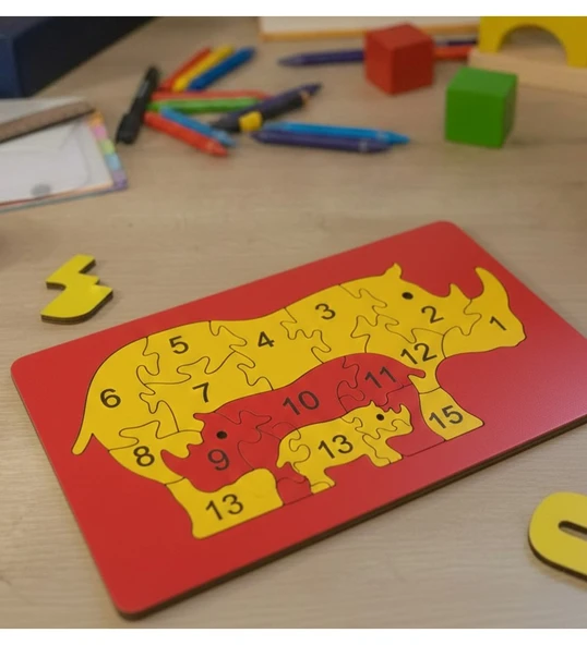 Eğitici Ahşap Gergedan Ailesi Puzzle - 15 Parça Sayı Öğretici - 26x15 cm MDF ürün görseli 1