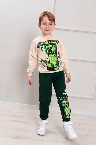 Cg Kids Minecraft Creeper Erkek Çocuk 2 İplik Alt Üst Takım Süper Kalite Kumaş Kabartma Baskı ürün görseli 1