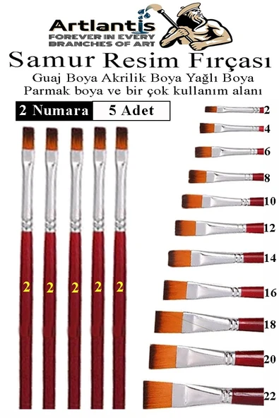Yassı Uçlu 2 Numara Resim Fırçası 5 li 1 Paket Samur Kesik Uçlu Fırça Seti Guaj Sulu Akrilik Yağlı Boya Fırçaları ürün görseli 1