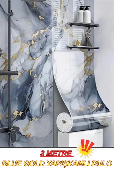 60cm x 3 Metre Tek Parça Yapışkanlı Mavi Gold Mermer Desenli Duvar Paneli Kağıdı Silinebilir tx-6969 ürün görseli 1