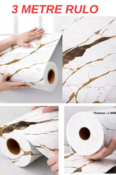 60cm x 3 Metre Tek Parça Yapışkanlı Rulo Gold Mermer Desenli Duvar Paneli Kağıdı Silinebilir TJJC ürün görseli 1