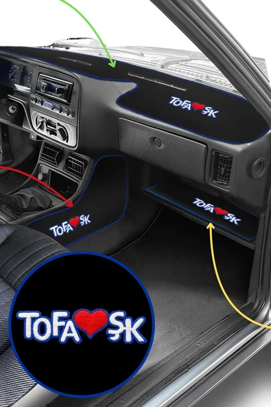 Tofaş Şahin Doğan Kartal Torpido Koruma & Vites Konsol Yan Halı & Sehpa Örtüsü - Mavi Şeritli Nakış ürün görseli 1
