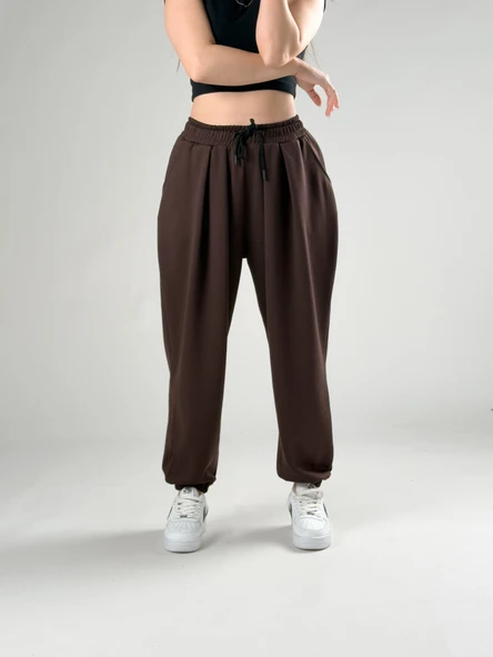 Pileli Kahve Kadın Jogger Pantolon COC2848 ürün görseli 1