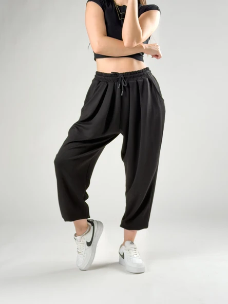 Pileli Siyah Kadın Jogger Pantolon COC2849 ürün görseli 1