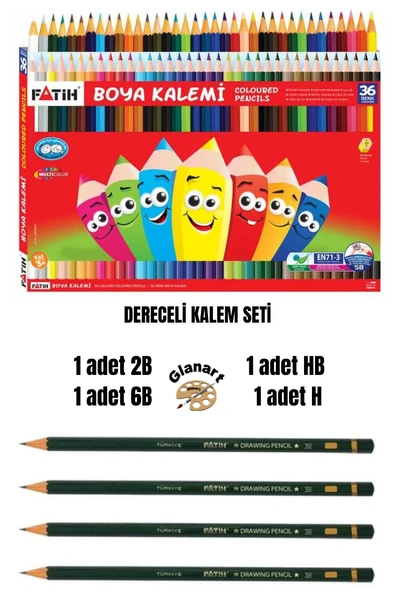 dereceli resim kalemi seti(2b,6b,h,hb) + 36 renk kuru boya seti ürün görseli 1