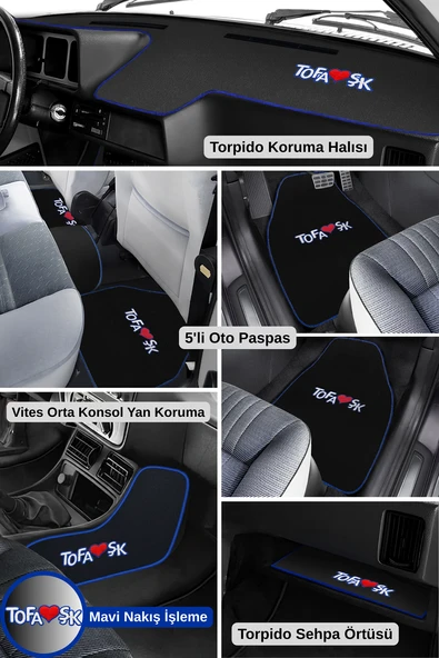 Tofaş Şahin Doğan Kartal 5 Parça Oto Halı Paspas + Torpido & Konsol Koruma Seti Mavi Kenar Nakışlı ürün görseli 1