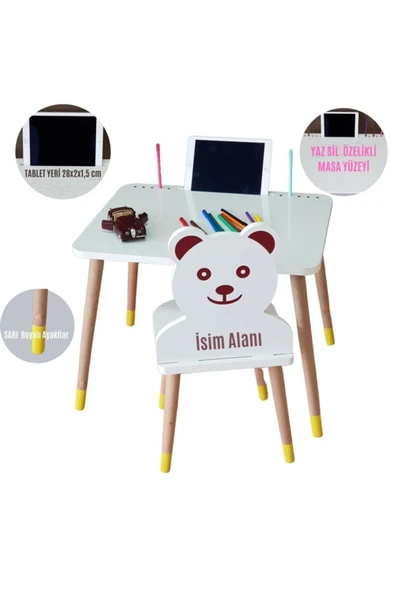 LİVA AHŞAP Çocuk Aktivite Masa Sandalye Takımı Tekli Ayıcıklı -tablet Ve Kalemlik Yeri, Yaz Sil Özellikli Yüzey ürün görseli 1
