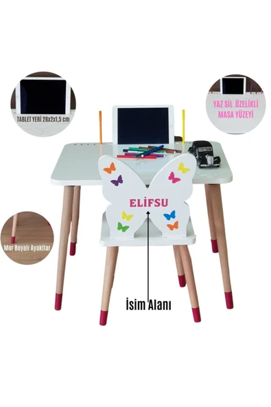 LİVA AHŞAP Çocuk Aktivite Masa Sandalye Takımı Tekli Kelebekli- Tablet, Kalemlik Yeri, Yaz Sil Özellikli Yüzey ürün görseli 1
