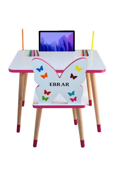 LİVA AHŞAP Çocuk Masa Sandalye Takımı Oyun Aktivite Masası (pembe Kelebekli) ürün görseli 1