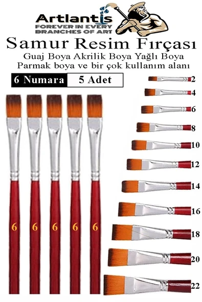 Yassı Uçlu 6 Numara Resim Fırçası 5 li 1 Paket Samur Kesik Uçlu Fırça Seti Guaj Sulu Akrilik Yağlı Boya Fırçaları ürün görseli 1