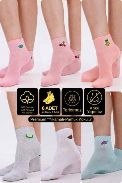 Premium Pamuklu Yumuşak ve Kokulu 6'lı Meyve Desenli Bilek Kadın Çorap Seti - Nefes Alan Yapı ürün görseli 1