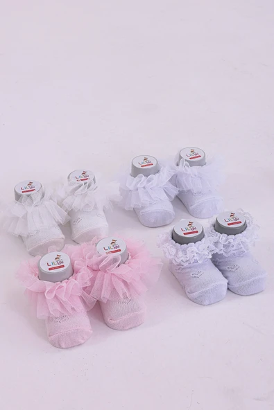 Soft Yıkamalı Kız Bebek Çorabı - Tül ve Güpür Detaylı Pamuklu Model 4'lü ürün görseli 1