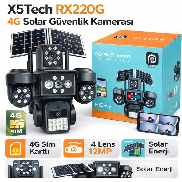 X5TECH RX220G 4g Solar 4 Lensli Sim Kartlı (E-Sim) Güvenlik Kamerası ürün görseli 1