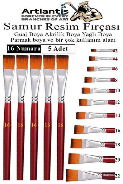 Yassı Uçlu 16 Numara Resim Fırçası 5 li 1 Paket Samur Kesik Uçlu Fırça Seti Guaj Sulu Akrilik Yağlı Boya Fırçaları ürün görseli 1