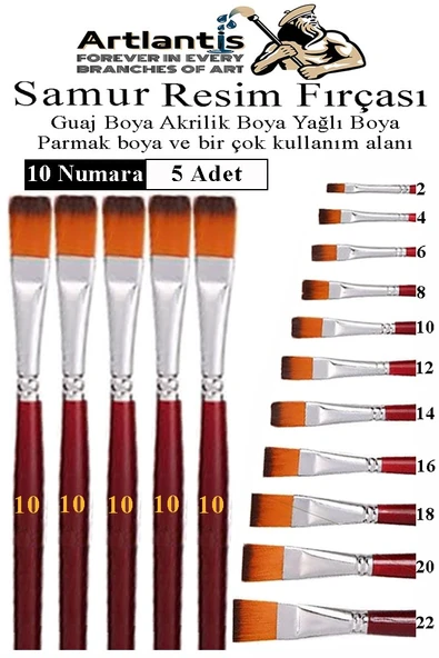 Yassı Uçlu 10 Numara Resim Fırçası 5 li 1 Paket Samur Kesik Uçlu Fırça Seti Guaj Sulu Akrilik Yağlı Boya Fırçaları ürün görseli 1
