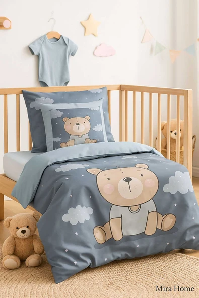 Dijital Baskılı 3d Pamuklu Yenidoğan Bebek Nevresim Takımı Blue Bear ürün görseli 1