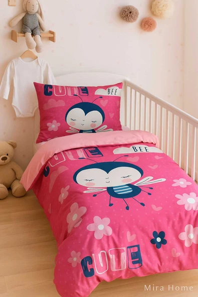 Dijital Baskılı 3d Pamuklu Yenidoğan Bebek Nevresim Takımı Cute Bee Pink ürün görseli 1