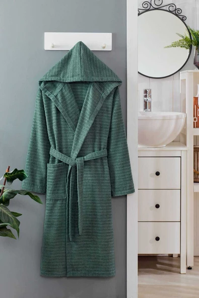 Kapüşonlu Unisex Banyo Bornozu %100 Soft Pamuklu Yeşil ürün görseli 1