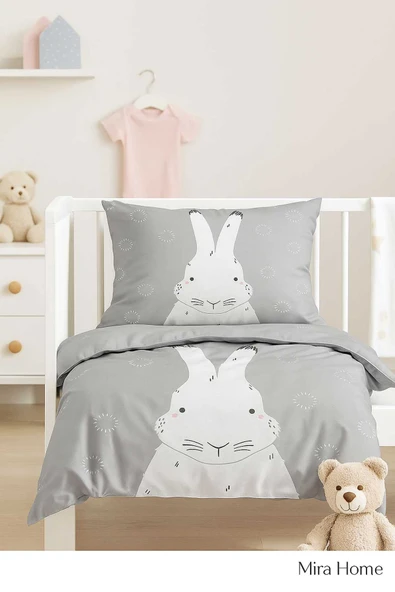 Yenidoğan Kız / Erkek Unisex Bebek Nevresim Takımı %100 Pamuklu Gri Tavşan ürün görseli 1
