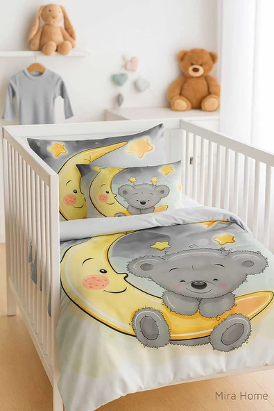 Yenidoğan Kız / Erkek Unisex Bebek Nevresim Takımı %100 Pamuklu Aydaki Ayıcık ürün görseli 1